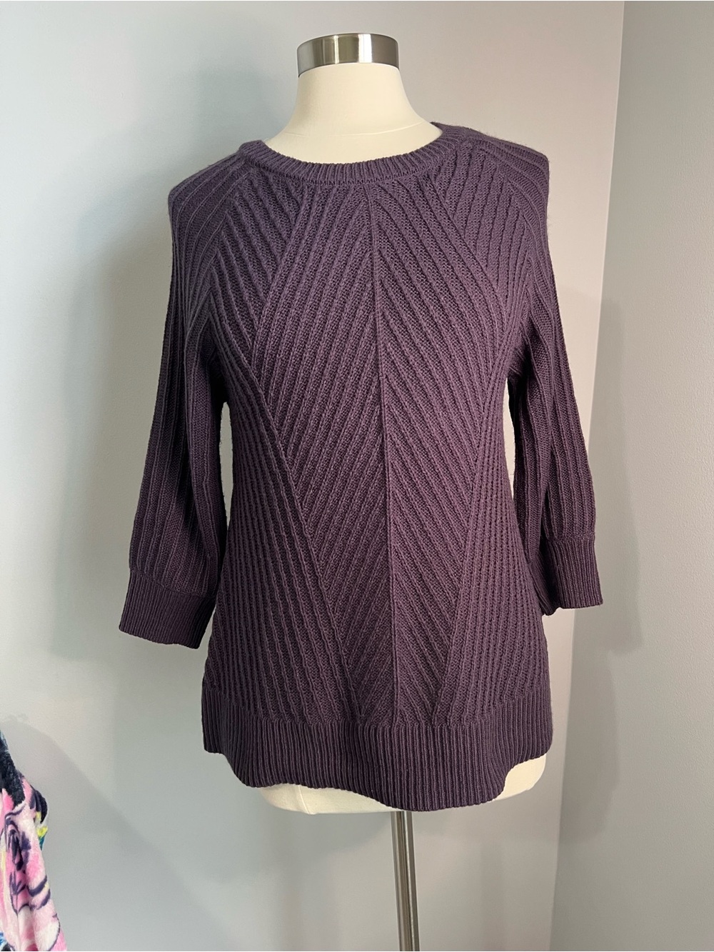 LOGO by Lori Goldstein Size XXS Purple Ribbed 3/4 Raglan Sleeve Sweater